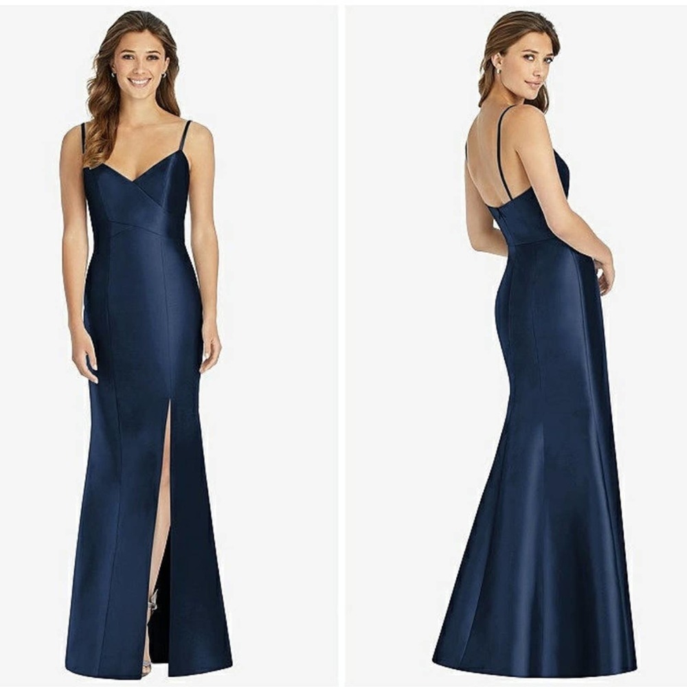 Alfred Sung Bridesmaid Dress Size 4 D758 Midnight Blue Spaghetti Strap Side Slit